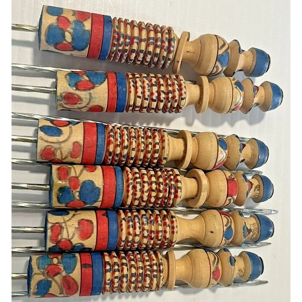 French Metal Wood Skewers Meat BBQ Sweet Stick Candy Kabab Grill Tool Vintage